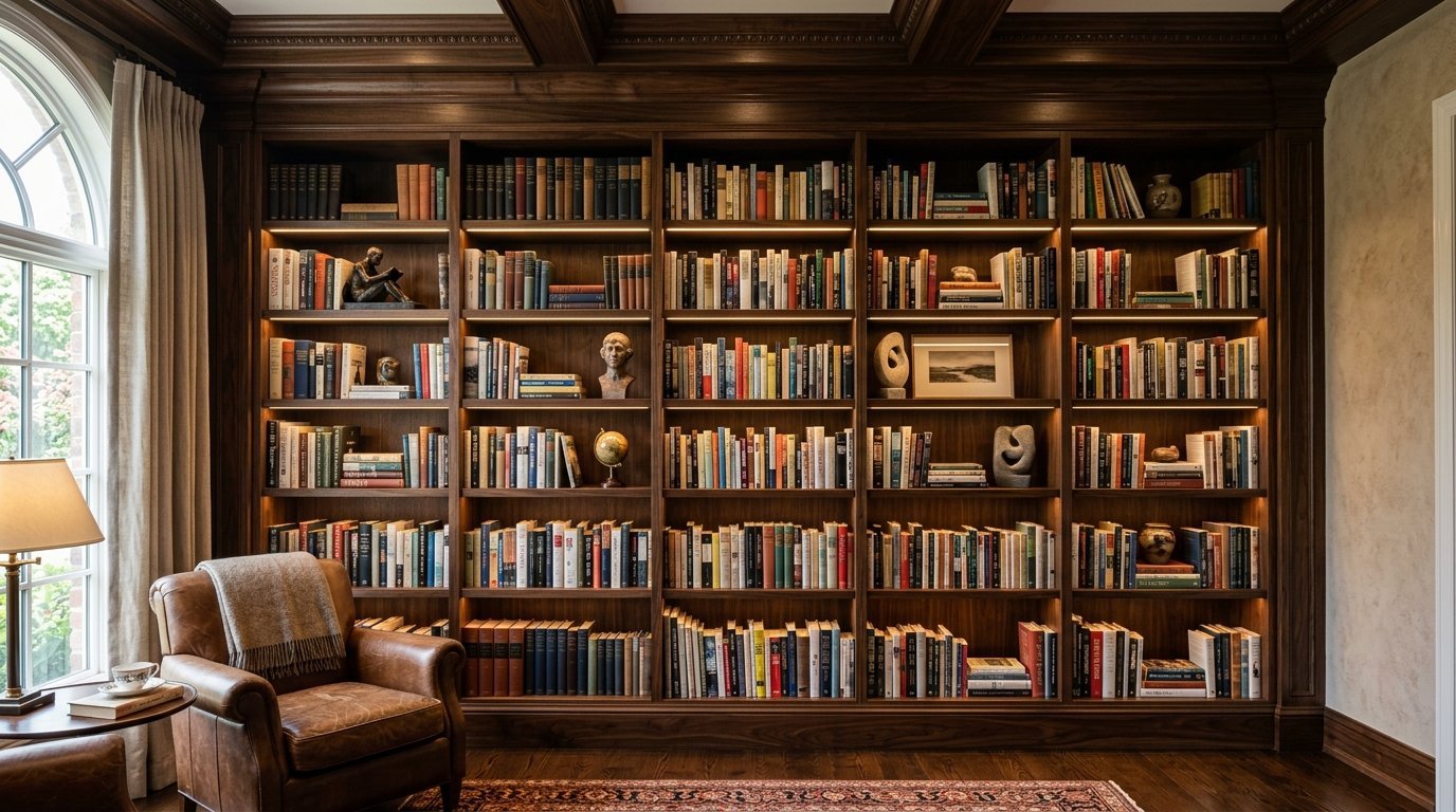 A luxurious home library featuring a leather chair, lamp, and illuminated floor-to-ceiling wooden bookshelves.