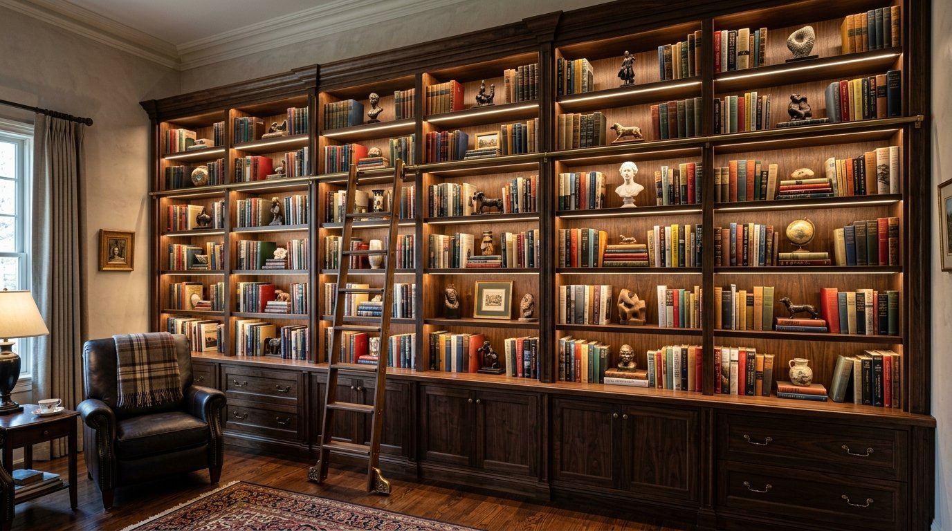 A floor-to-ceiling dark wood bookshelf filled with books, decor, and a sliding library ladder next to an armchair.