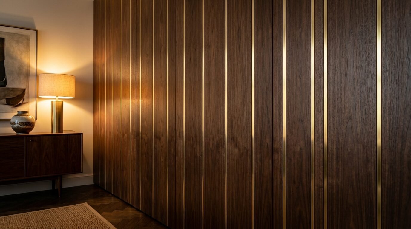 A dark wood wall features vertical gold metal strips, next to a lamp on a wooden sideboard.