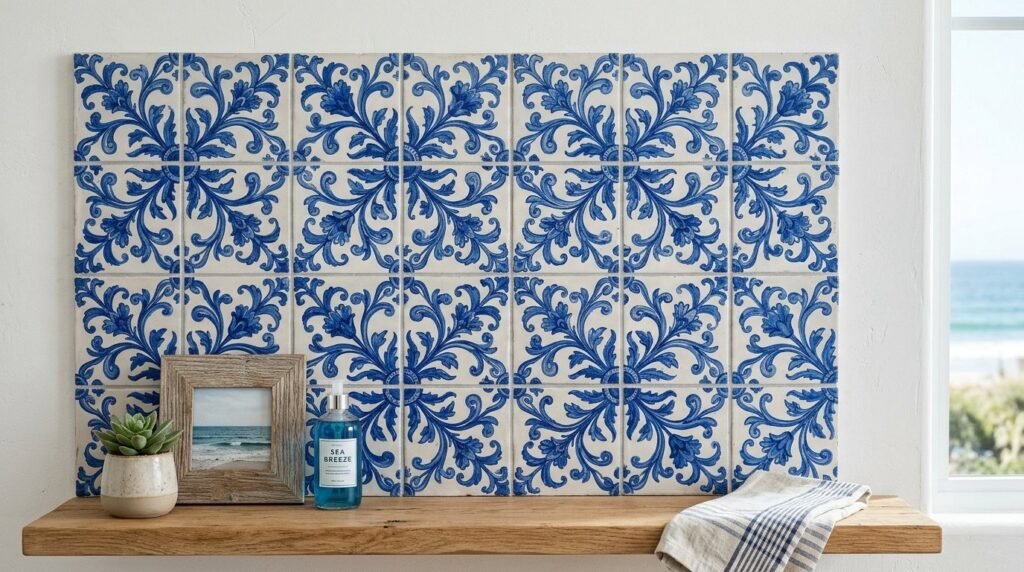 Close up view of intricate decorative blue patterned ceramic tiles.