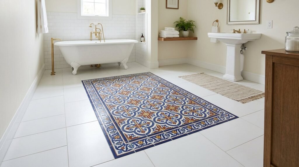 A close-up shot of a decorative tile rug featuring intricate patterns and vibrant colors on a ceramic floor.