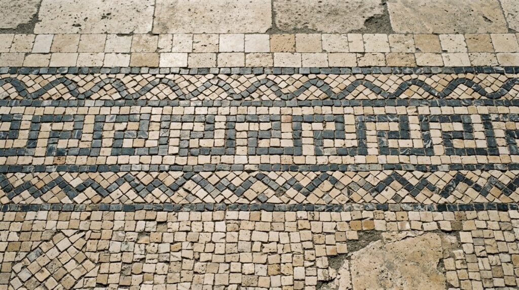 A detailed close up of a decorative mosaic tile border with intricate patterns and vibrant colors.