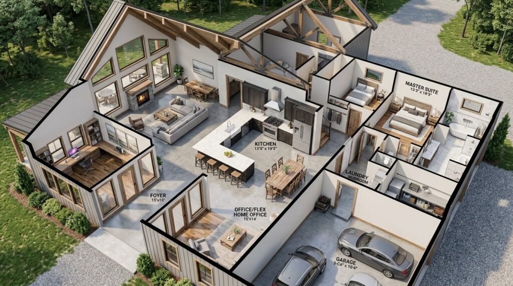 A high-quality 3D rendered floor plan showcasing modern interior design and architectural layout.
