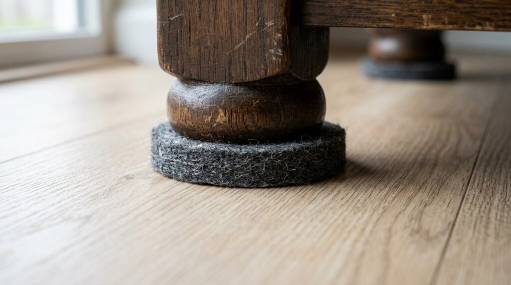 Close up shot of a stylish furniture leg resting on a clean wooden surface.