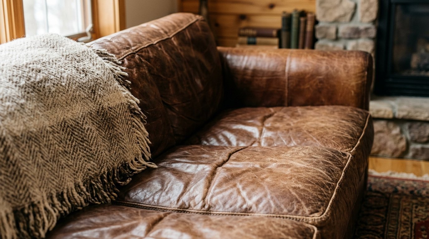 A close-up view of a worn, brown leather sofa with a textured herringbone throw blanket draped over one end.