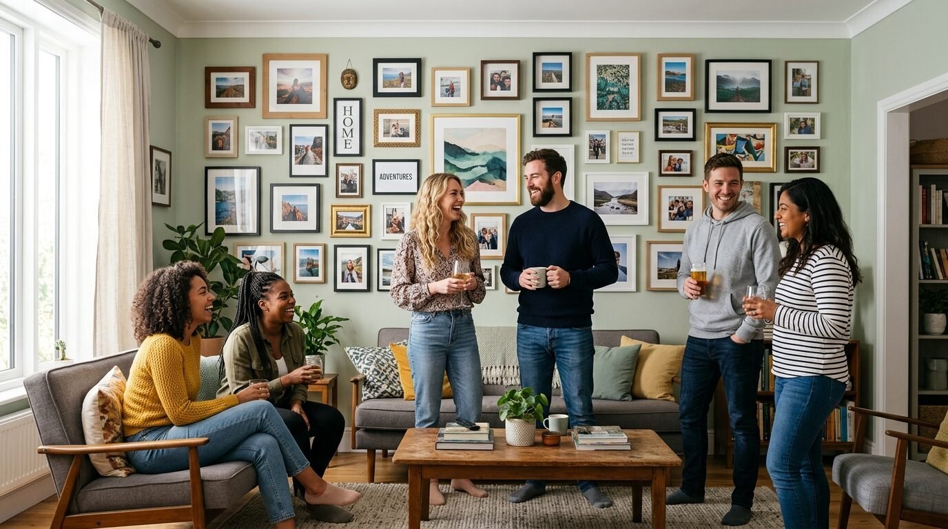 Five diverse friends laughing and chatting in a living room with a large gallery wall of photos.