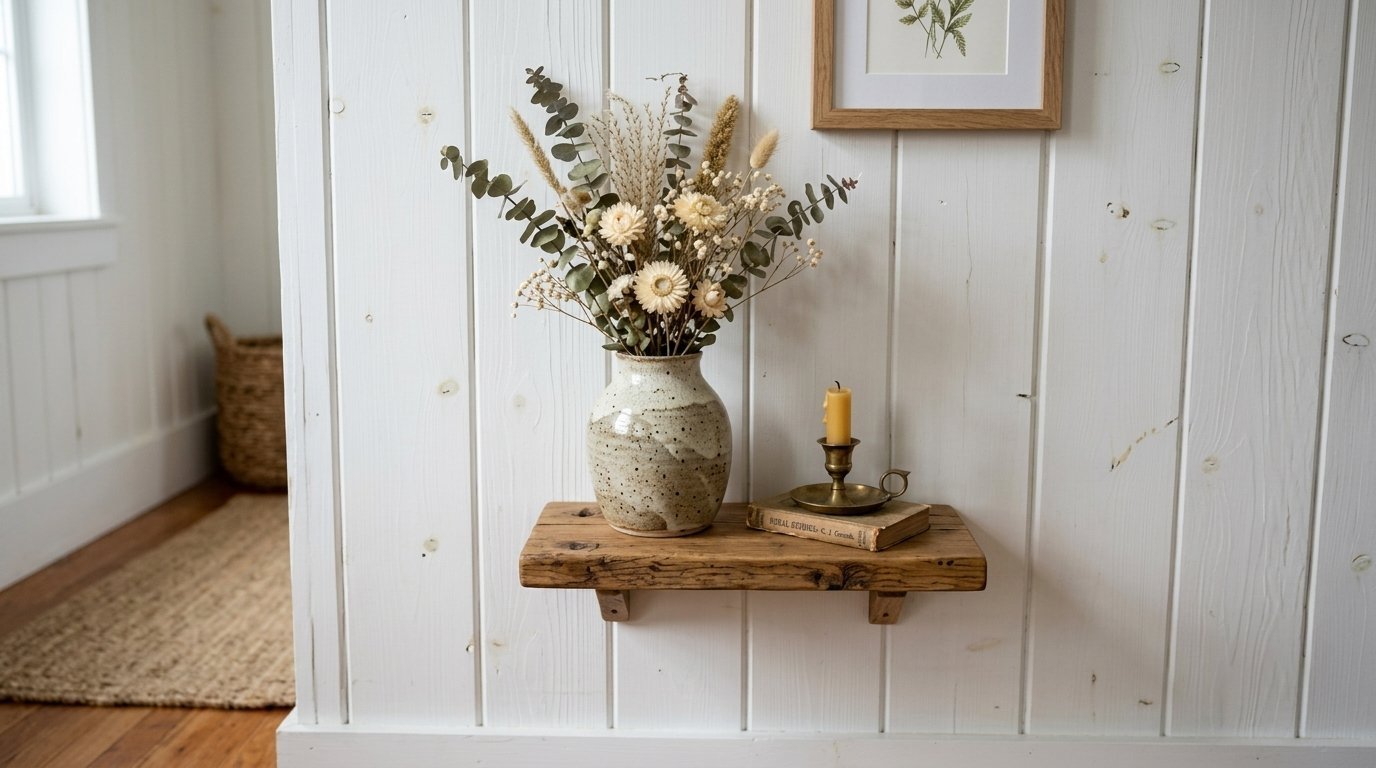 A pottery vase filled with dried eucalyptus and wheat sits on a rustic floating wood shelf with a candle and old book.