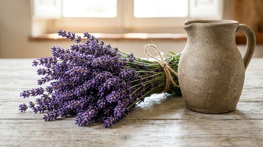 Close up of rustic dried lavender bundles against a neutral background