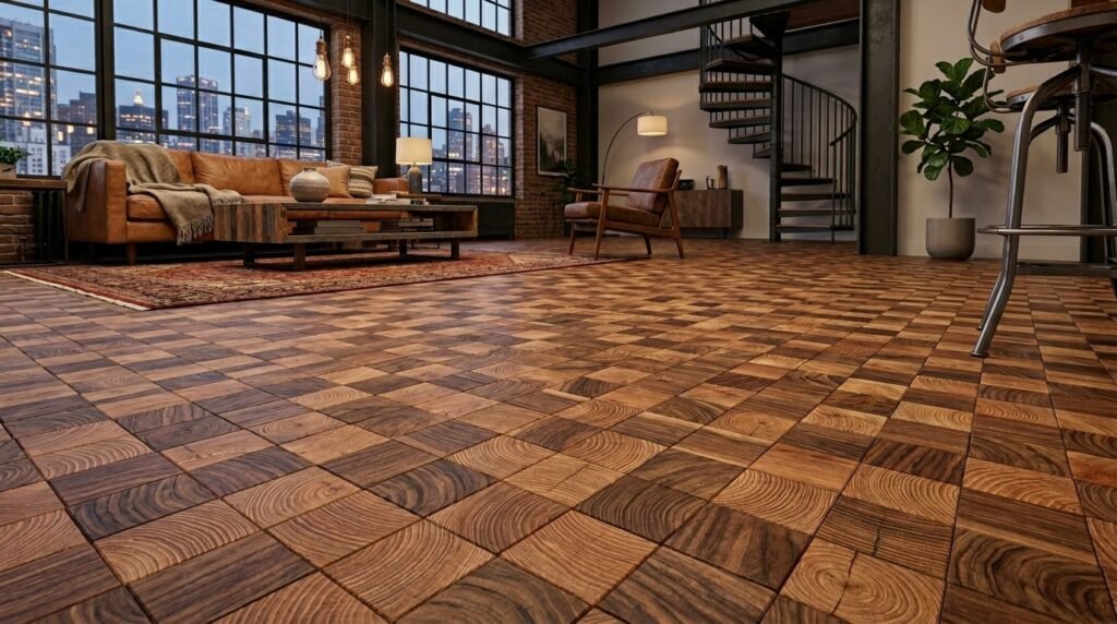Close up of beautiful natural wood block flooring with intricate grain patterns.