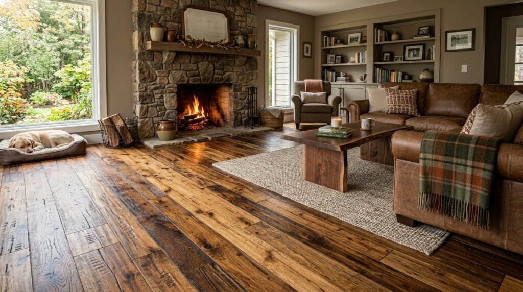 High-quality natural hickory hardwood flooring showing rich grain patterns in a bright home interior.