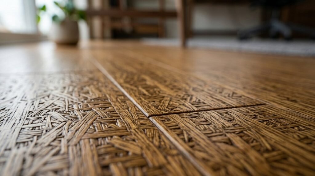 Close up view of high quality sustainable bamboo flooring in a bright living space.