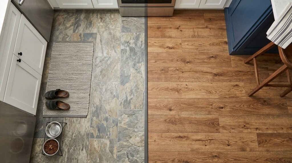 Close up view of luxury vinyl plank flooring installed in a bright modern residential kitchen.