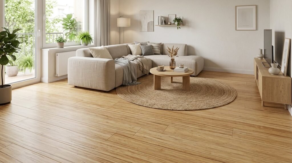 A close-up shot showing the texture and light wood grain of natural bamboo flooring in a modern room.