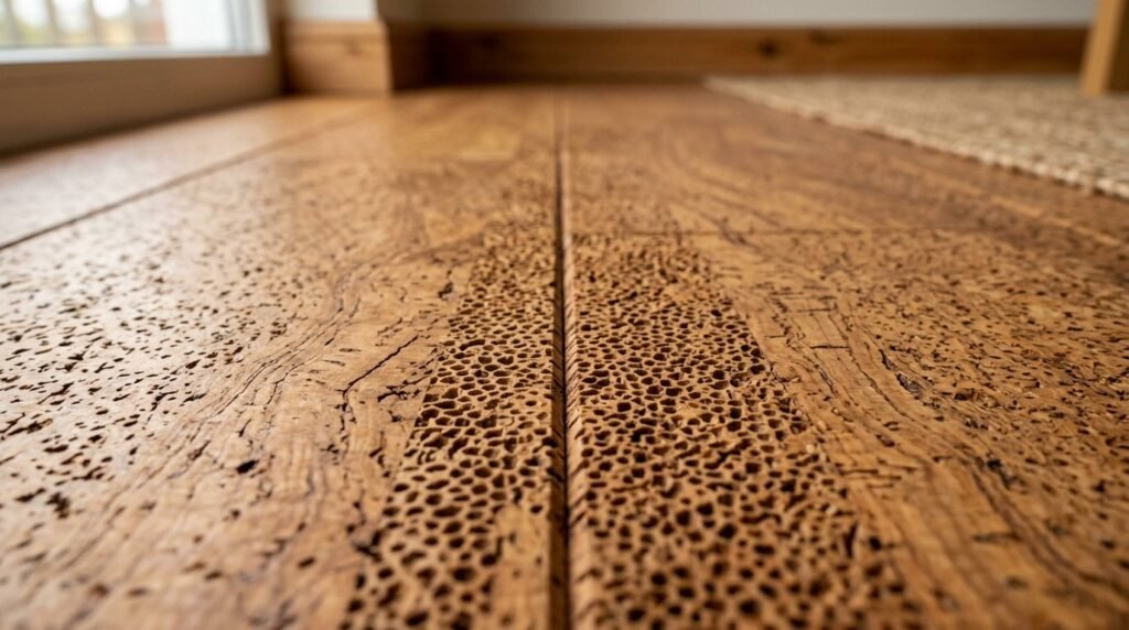 Close up view of high quality natural cork flooring texture showing wood patterns.