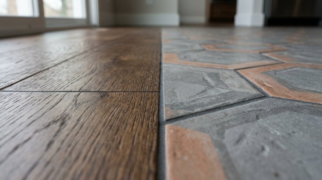 Close up of high quality textured oak wood flooring tiles installed in a modern home