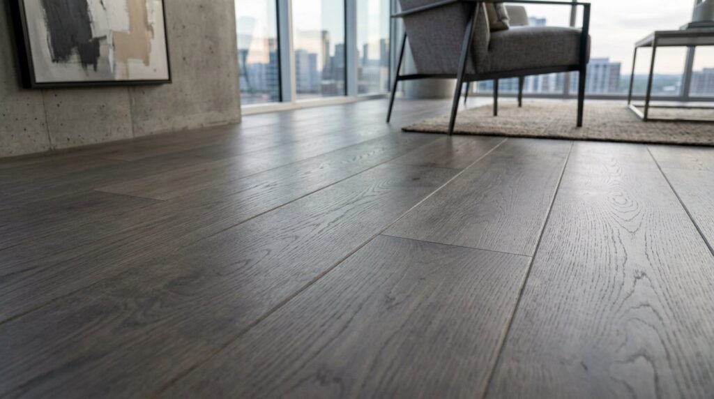 Close up shot of polished oak wood flooring boards showing natural grain detail and texture.