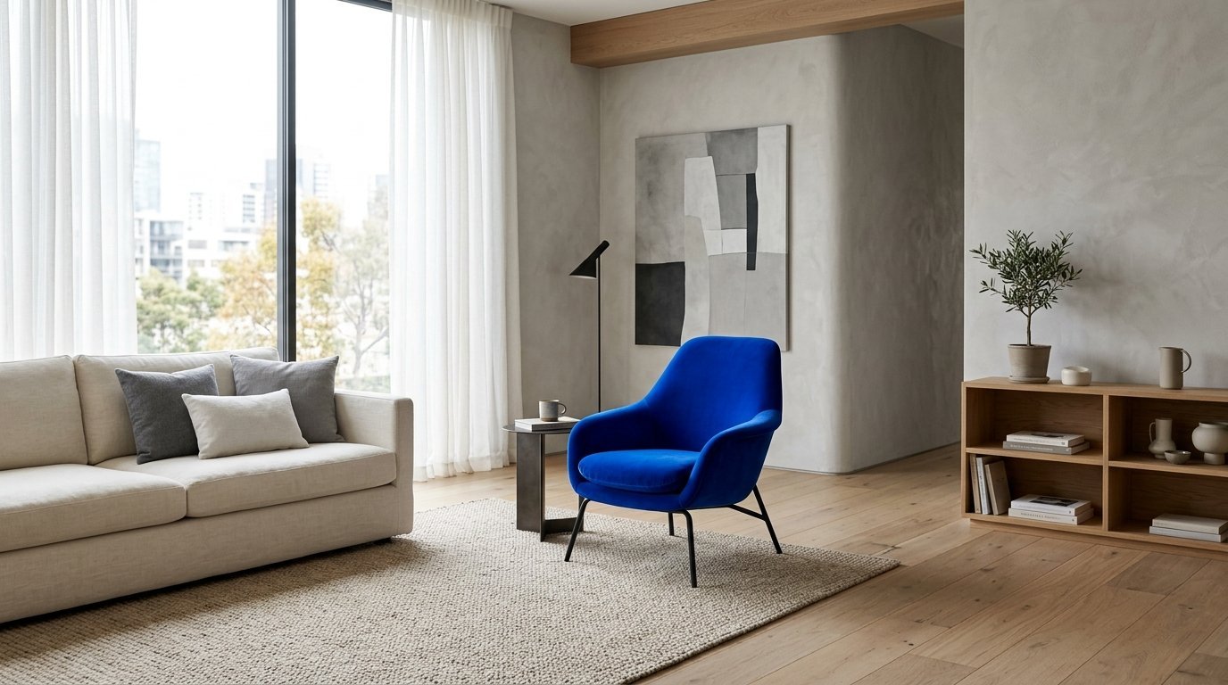 A striking royal blue velvet chair sits on a woven rug near a neutral sofa and wood shelving unit.