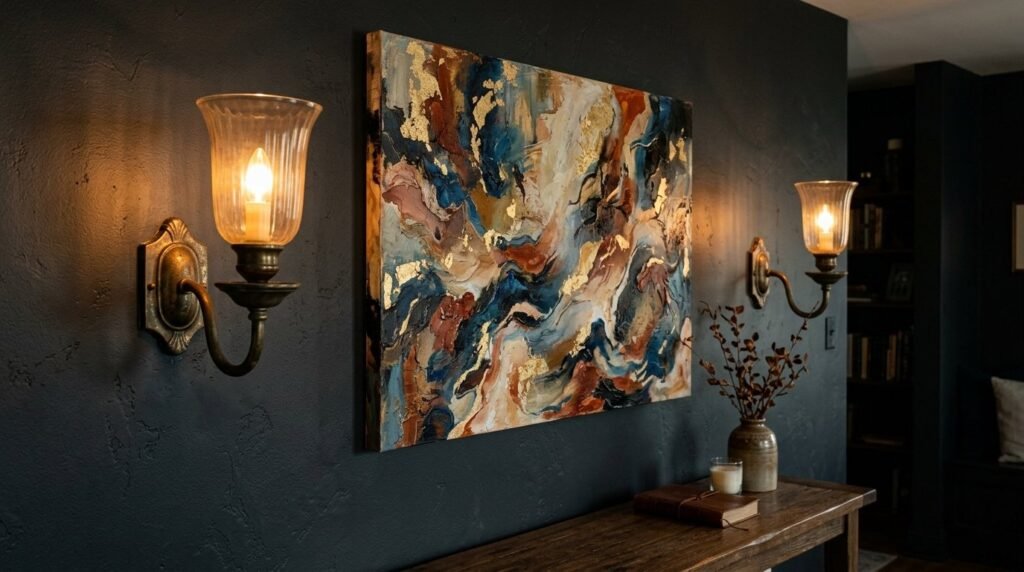 Set of elegant aged brass wall sconces mounted on a neutral interior wall.