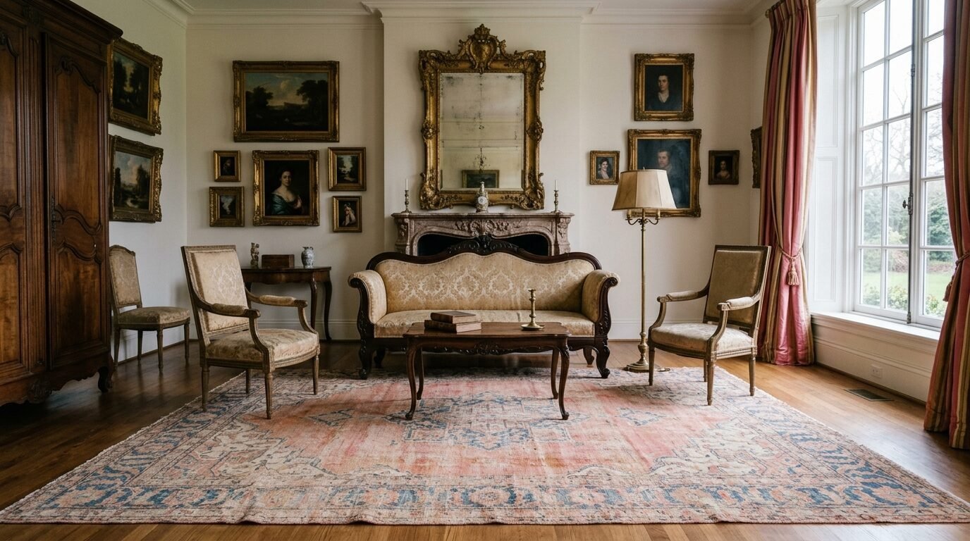 A vintage formal living room featuring a patterned sofa, two armchairs, and a large central area rug.