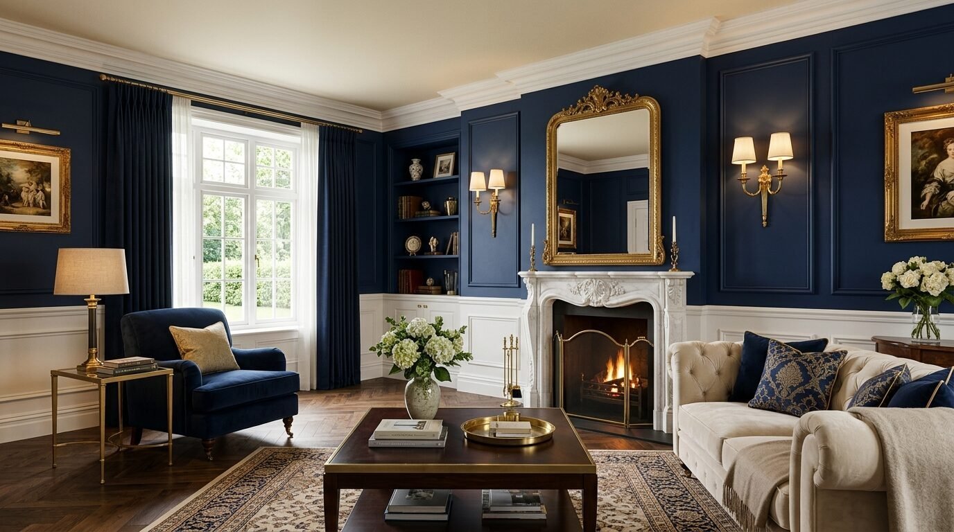A luxurious sitting room featuring dark blue walls, a white fireplace, and elegant cream-colored furniture.