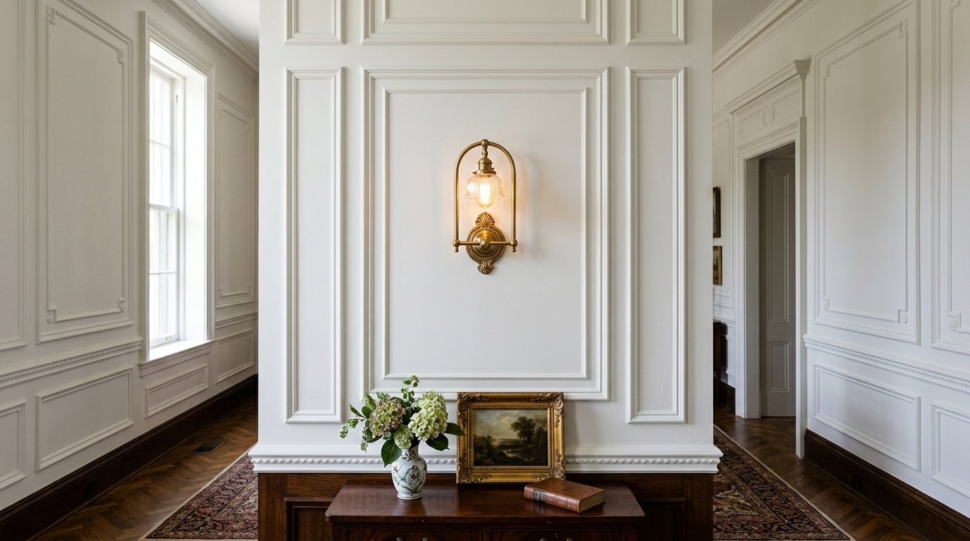 A glowing brass lantern-style sconce mounted on a white wall with formal wainscoting and trim.
