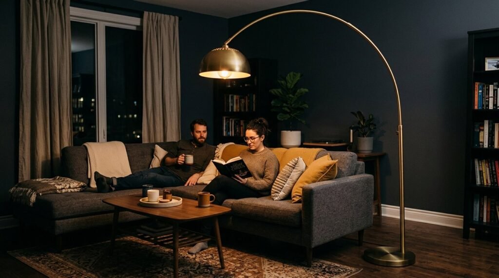 A stylish brass floor lamp with a warm metallic finish standing in a modern living space.