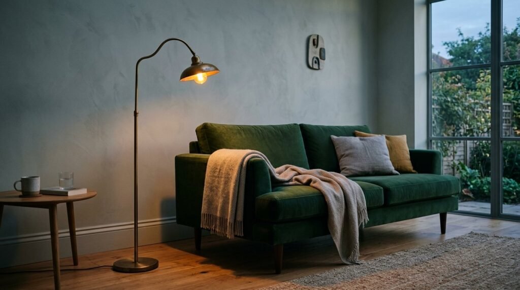 A sleek, minimalist brushed brass floor lamp standing in a modern, well-lit living room.