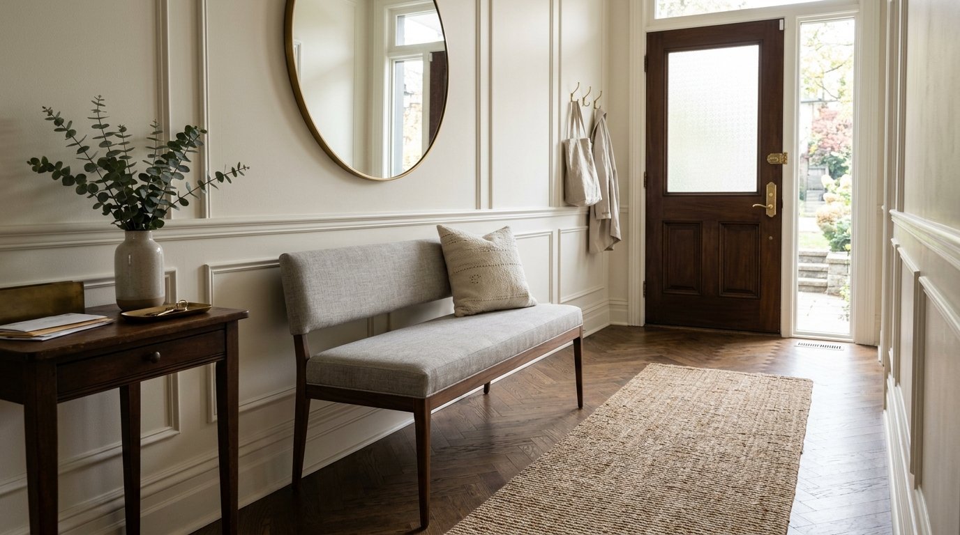 A beige wall with paneling, a grey bench with a cushion, and a round gold mirror in a bright residential hallway.