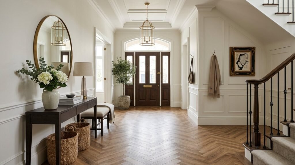 A bright, modern entryway design showcasing intricate herringbone hardwood flooring patterns.