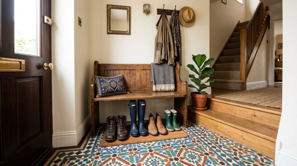 A beautifully styled entryway featuring Moroccan patterns and decorative elements.