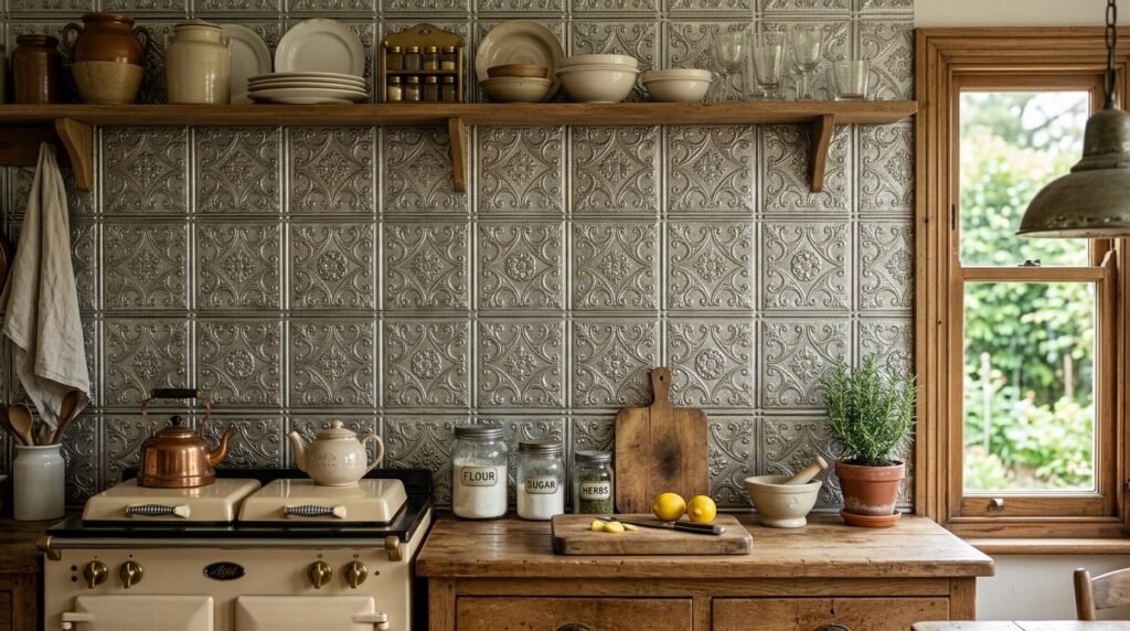 Close up view of an elegant white faux tin ceiling tile with intricate vintage patterns.