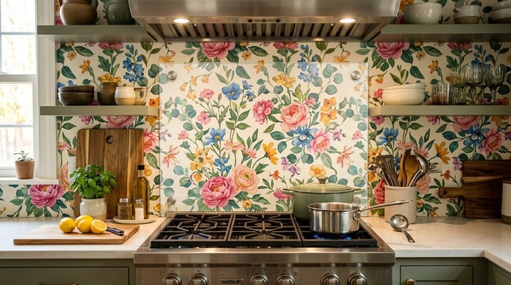 Close up of a vibrant floral wallpaper pattern used as a decorative kitchen backsplash.