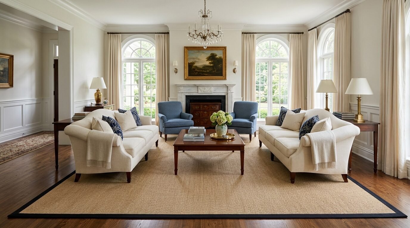 Symmetrical living room featuring two beige sofas, blue armchairs, and a fireplace with a landscape painting above.