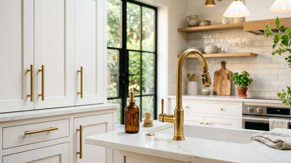 A close-up of a luxurious gold brass cabinet featuring polished metal textures.