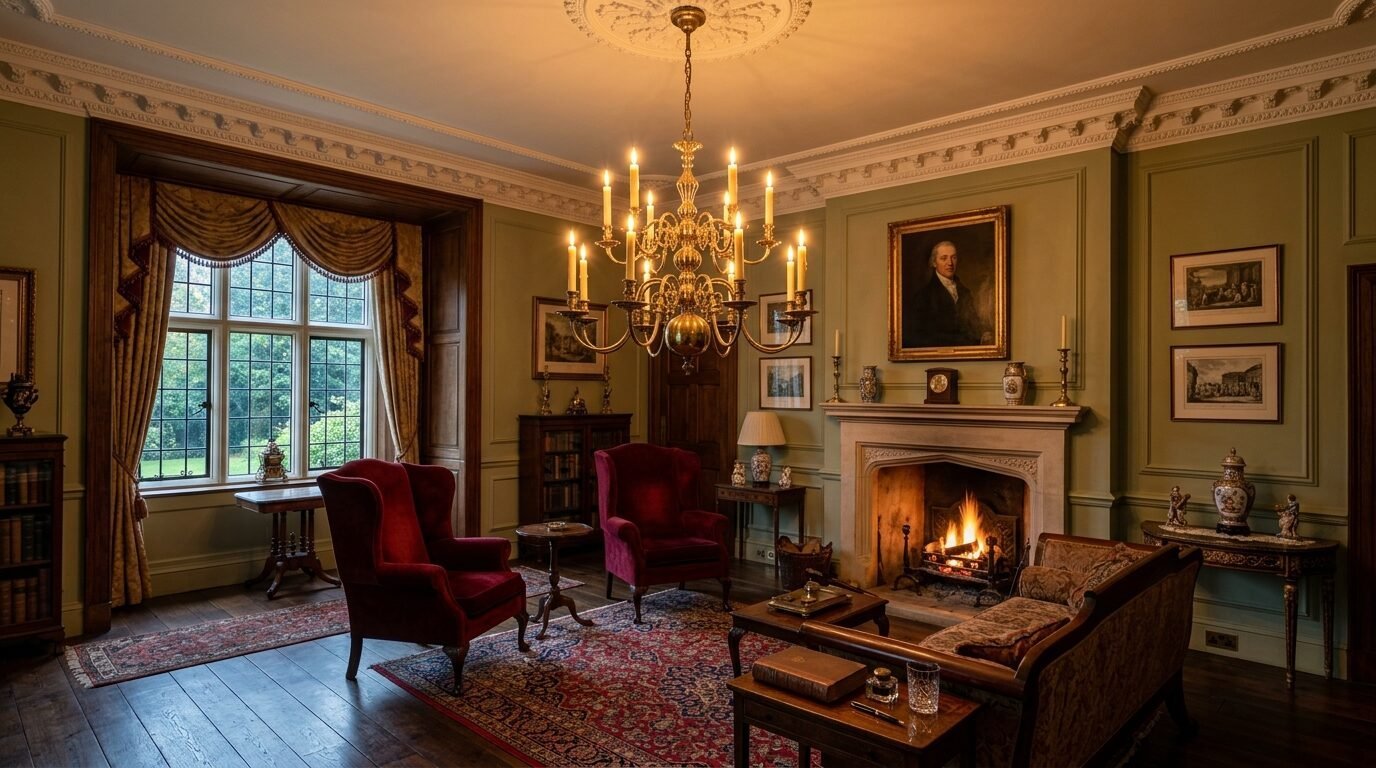 Traditional interior featuring sage green walls, red velvet armchairs, and a large golden chandelier.