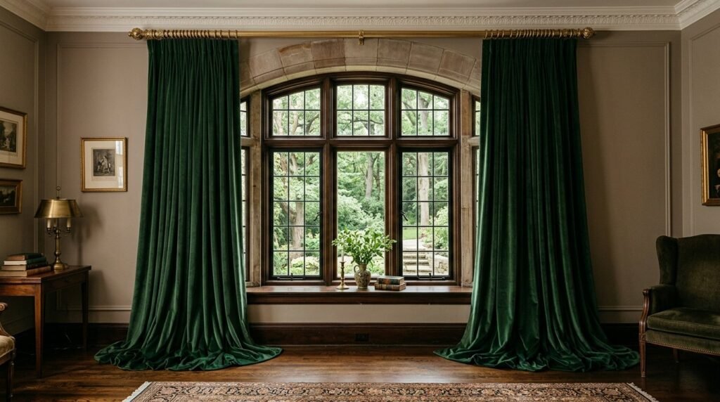 Luxurious green velvet drapes hanging in a stylish, well-lit modern living room interior.