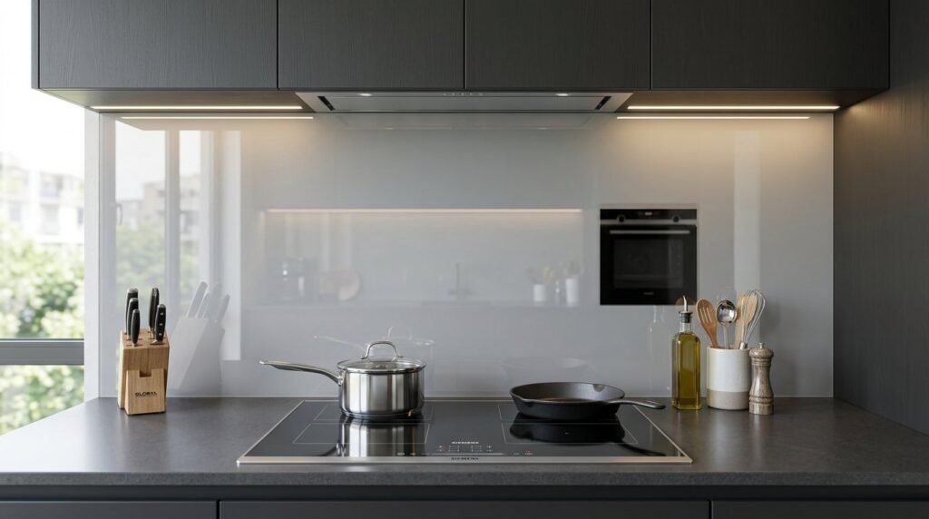 A close up view of sleek light gray glass with subtle reflections and a smooth minimalist finish.