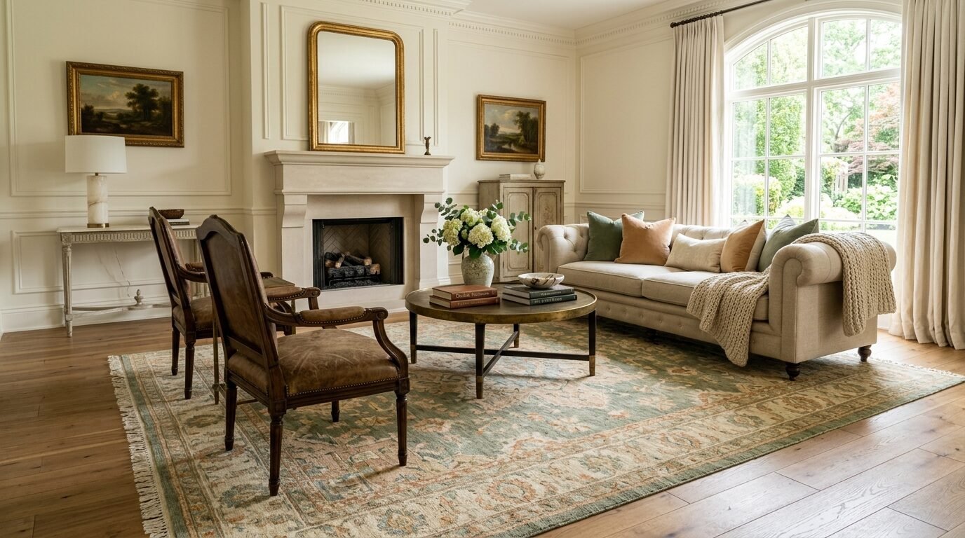 Classic interior with leather armchairs, a tufted beige sofa, and a large patterned area rug.