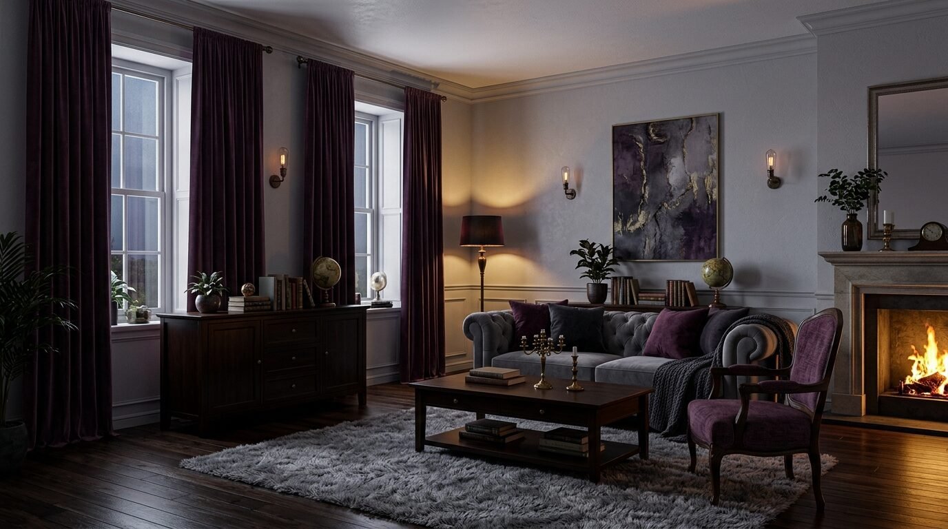 Classic living area with grey chesterfield sofa, fireplace, and rich purple drapes in a warm, dimly lit room.