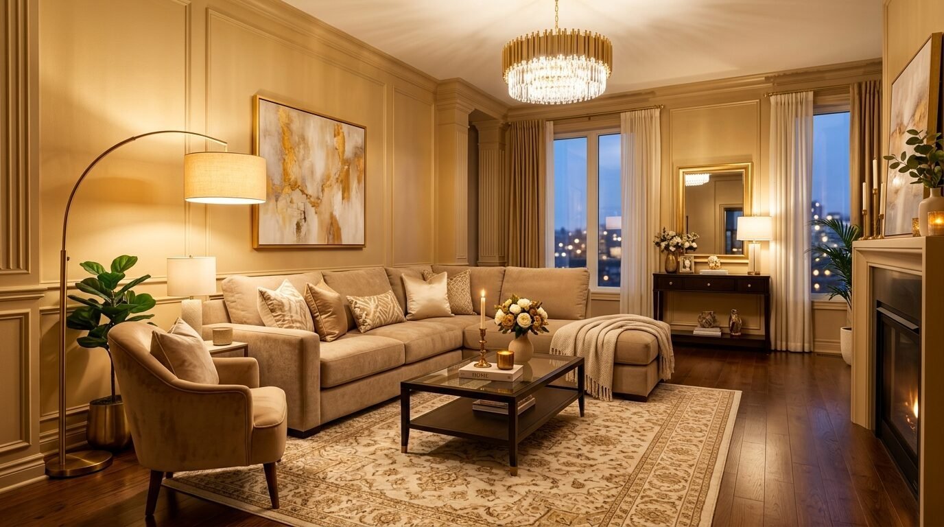 A sophisticated living room with beige walls, a cozy sectional sofa, glass coffee table, and warm gold lighting.