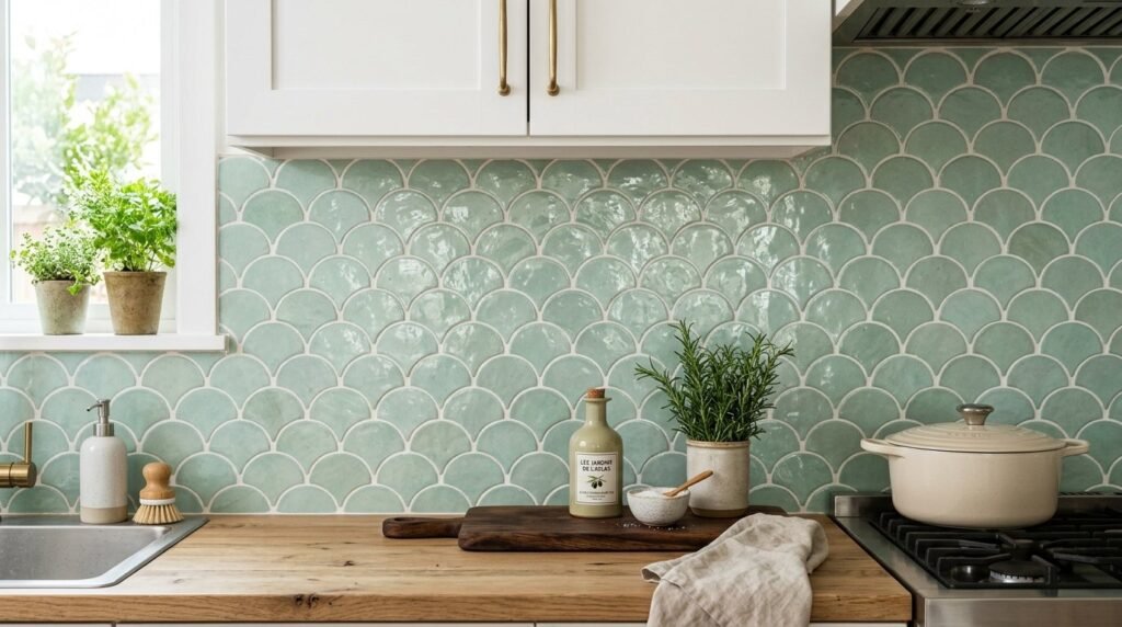 Close up of decorative Moroccan fish scale pattern tiles on a wall.