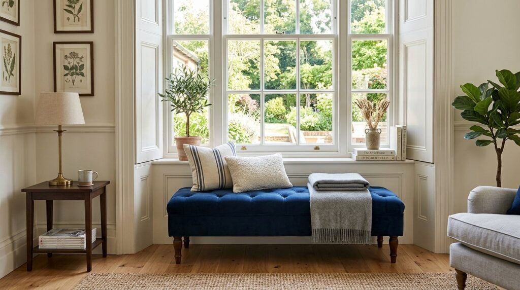 A sleek navy blue bench placed in a modern interior setting.