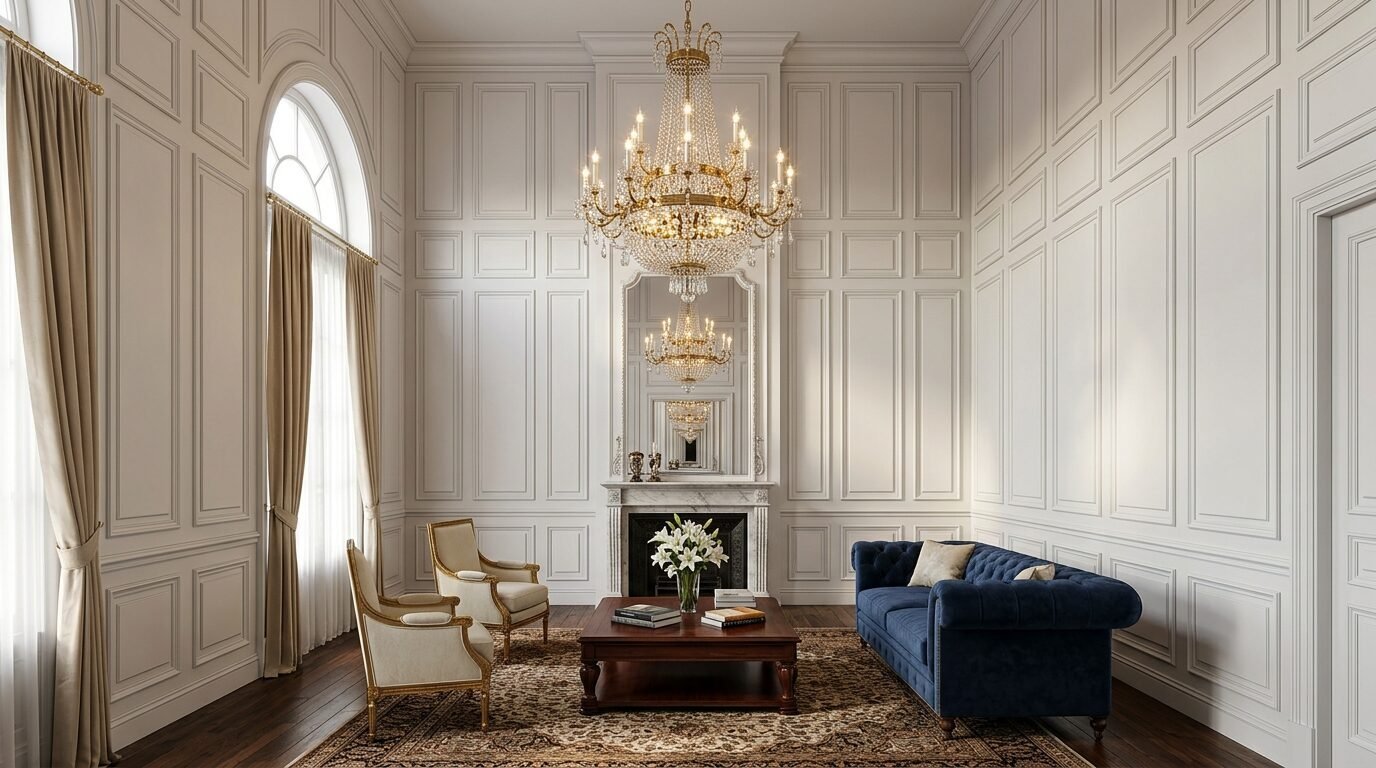 Luxurious white paneled sitting room with a dark blue sofa, fireplace, and ornate gold chandelier.