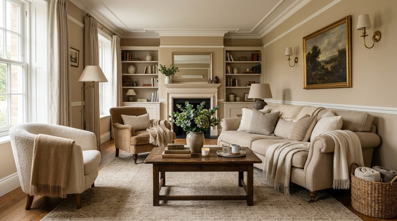 A beige living room with a fireplace, cream sofa, armchairs, and a wooden coffee table.