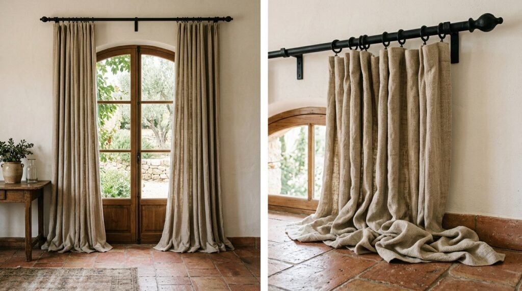 Close up of high-quality oatmeal colored curtains hanging in a bright, modern living space.