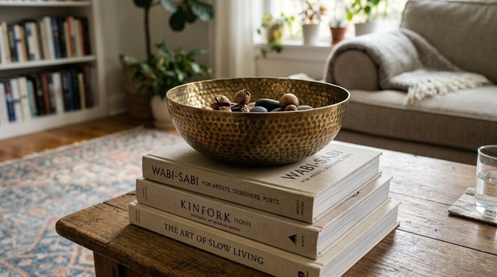 A beautiful, polished brass bowl sitting on a clean wooden surface, capturing soft ambient light.