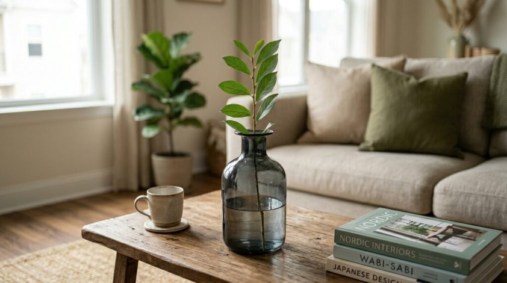 A sophisticated smoked glass vase resting on a minimalist surface in soft natural lighting.