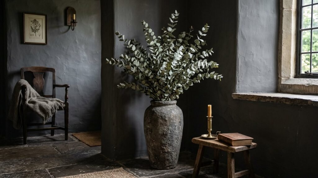 A beautiful artisan stone vase sitting on a wooden surface in a bright, modern living space.