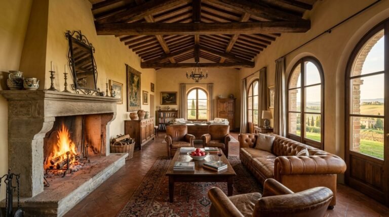 A sunlit elegant living room with warm Tuscan interior design elements and rustic furniture.