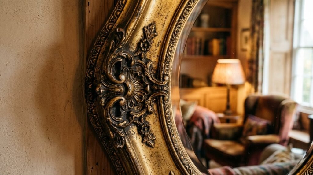 An elegant vintage gold mirror with intricate ornate detailing hanging on a neutral wall.